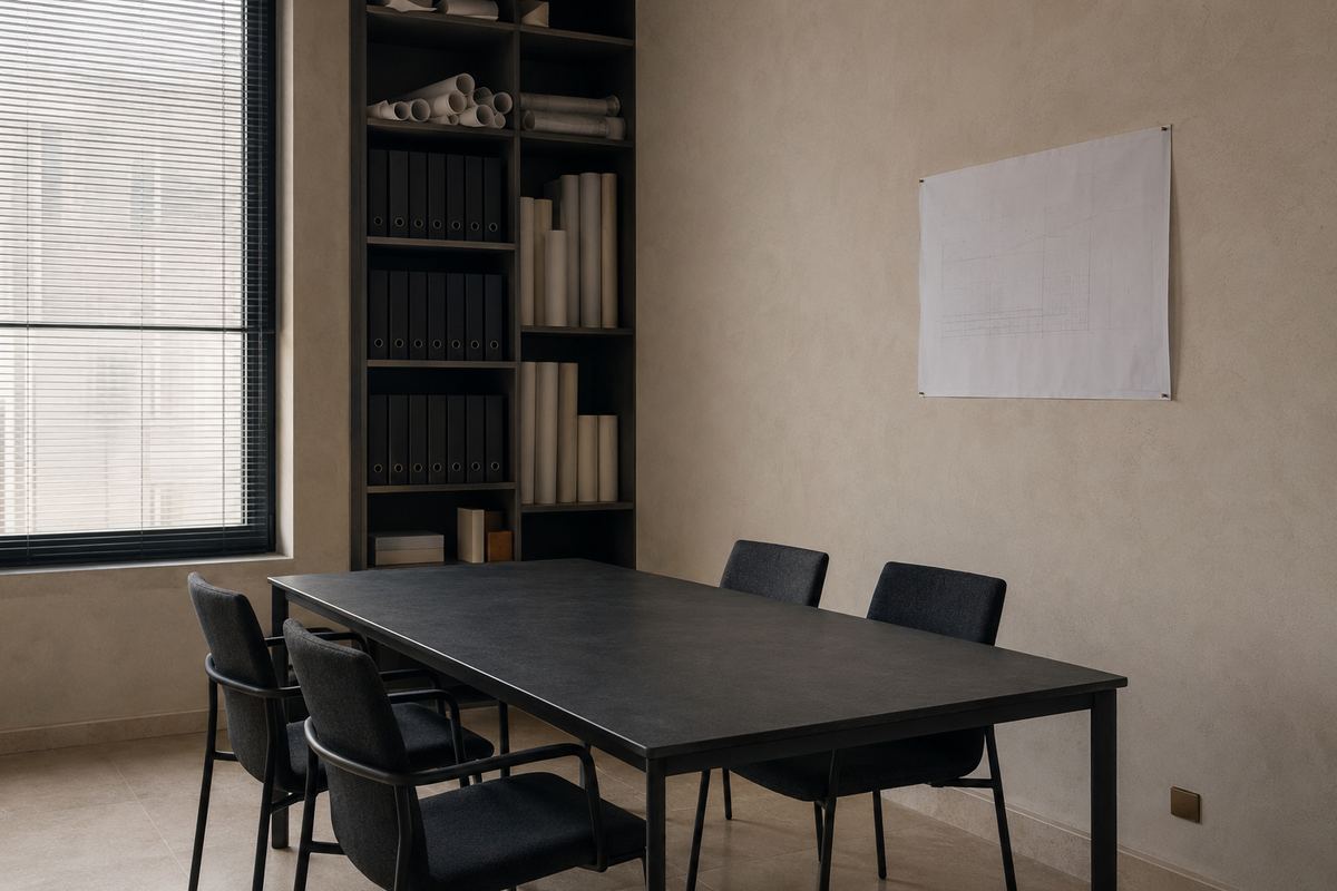 An empty meeting room, table and chairs, daylight from one side