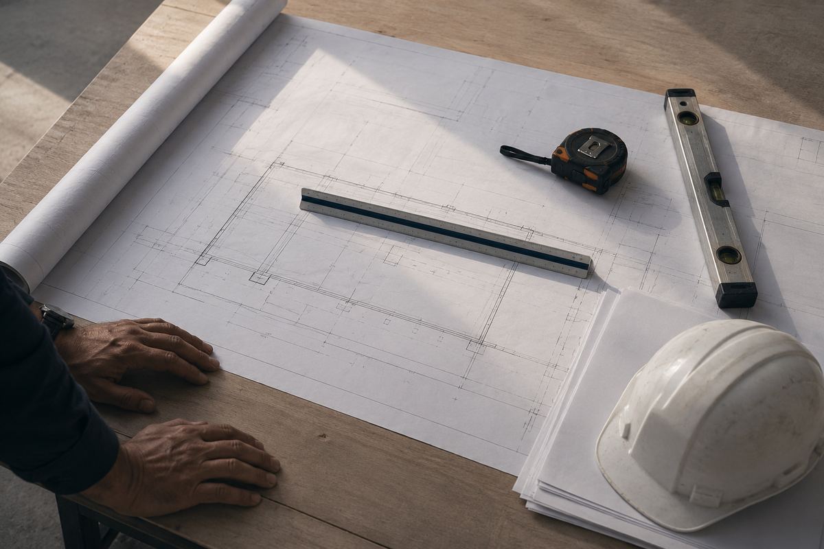 Drawings, scale rule and level on a table